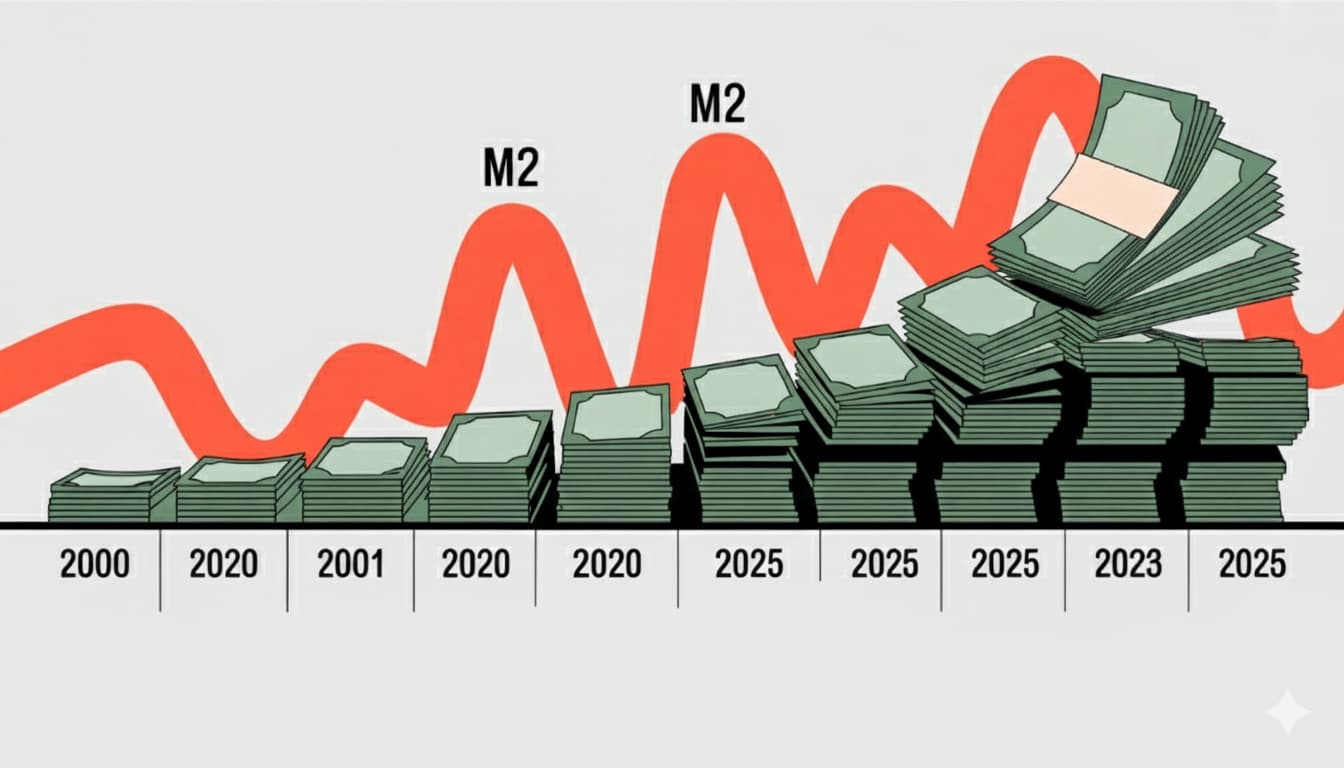 M2 growth and stacks of cash illustration