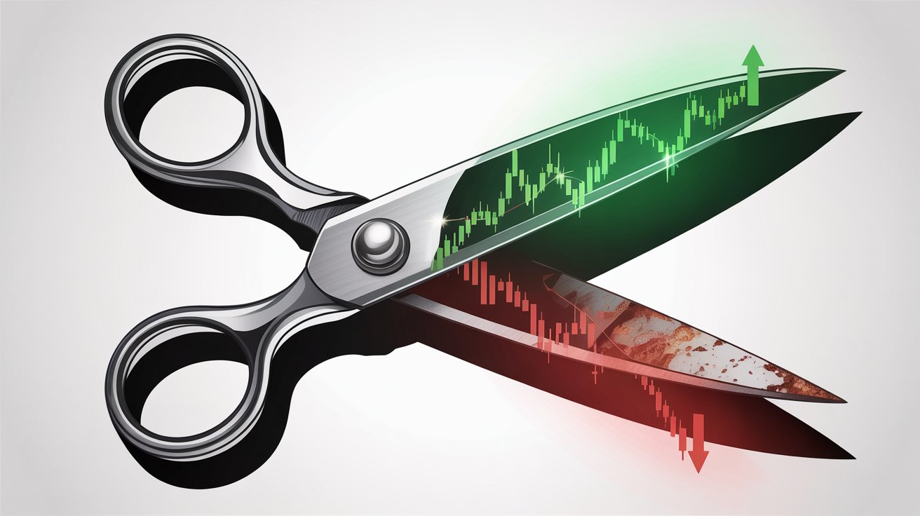Scissors image with diverging green and red price trends