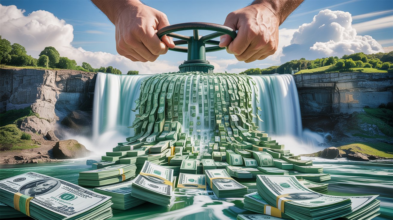 Metaphor of expanding money supply (M2) as a waterfall of dollars